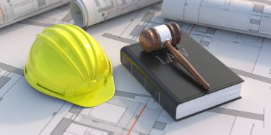 İşçi yasası inşaat yasası ve tahkim konsepti. Yargıç Gavin hardhat ve proje planı hakkında kara kaplı bir kitap. 3d illüstrasyon