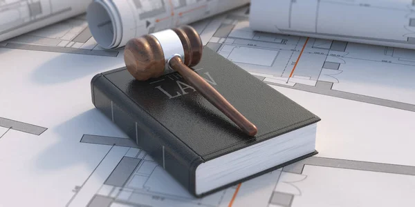 建筑法 劳动法和仲裁概念 Gavel法官和关于项目蓝图背景的书3D说明 — 图库照片