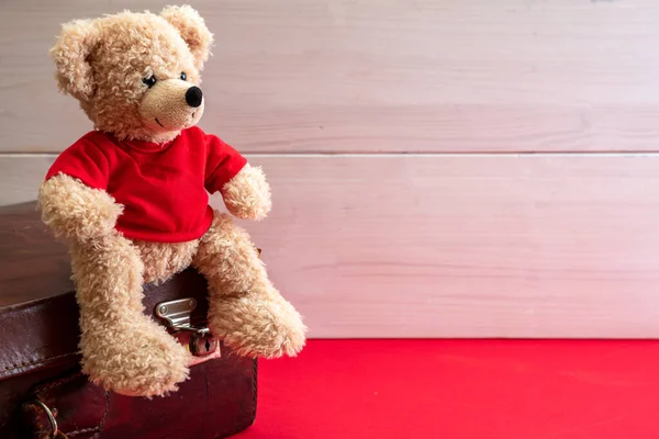 Reiskoffer Schattige Teddy Zittend Rode Vloer Kind Verlaten Concept Lederen — Stockfoto