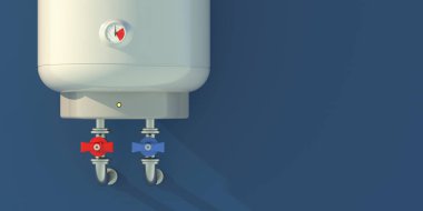 Mavi duvarda elektrikli su ısıtıcısı var, kopyala. Ev duvarı, su ısıtma kaloriferi yakın çekim görüntüsü. 3d illüstrasyon