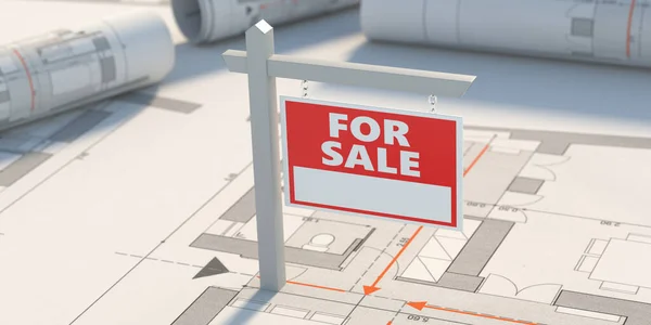 Prodej Cedule Realitní Agent Koncept Dřevěný Plakát Domě Stavební Plány — Stock fotografie