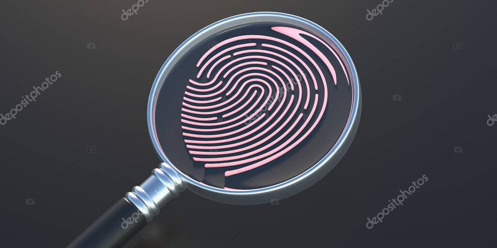 Fingerprint and magnifying glass on gray black color background. Detective crime investigation, identification concept. 3D illustratio