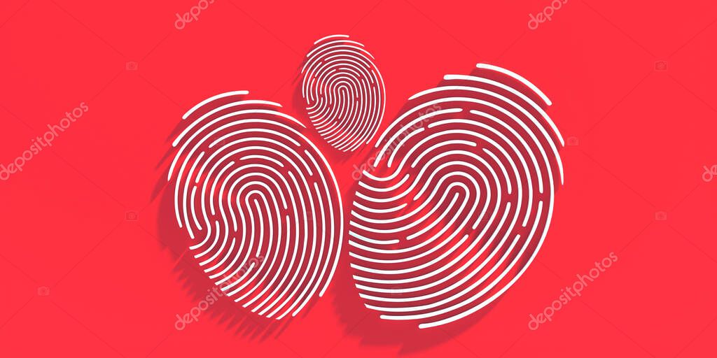 Fingerprint signs digital identify, access control on red color background. Three thumbprints different size, family privacy concept. 3D illustratio