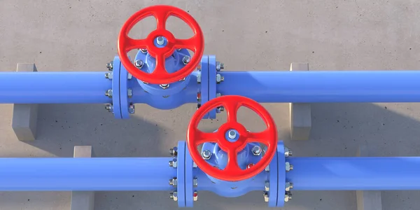 Wasserleitungen Industrielle Metallrohre Blaue Farbe Und Ventile Mit Roten Rädern — Stockfoto