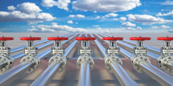 Reihe Von Industriellen Pipelines Und Ventilen Mit Roten Rädern Auf — Stockfoto