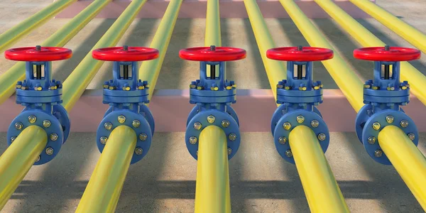 Oil and gas plant pipeline valves background. Industrial pipelines row yellow color and blue valves with red wheels, closeup view with details. 3d illustration