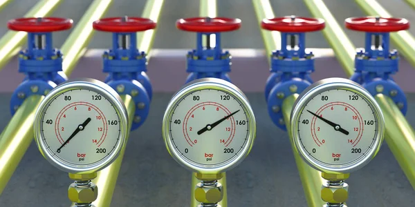 Manometer Und Ventile Für Und Gasanlagen Druckmessgeräte Industriellen Gelben Pipelines — Stockfoto