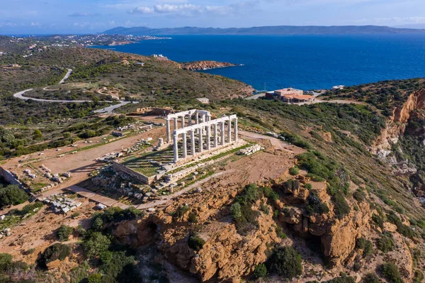 Grecja Cape Sounio Widok Lotu Ptaka Świątyni Posejdona Stanowisko Archeologiczne — Zdjęcie stockowe