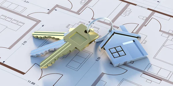 住宅工程项目概念 楼宇蓝图图的住宅钥匙 3D图解 — 图库照片