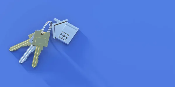 房子钥匙 新的财产标志 金银钥匙套在钥匙链房子上 蓝色空旷的背景 房地产 公寓概念 复制空间 3D说明 — 图库照片