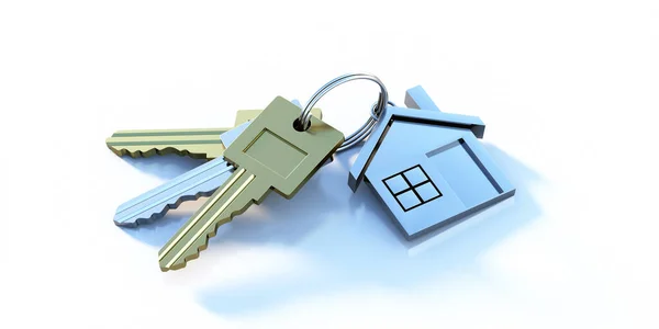 房子钥匙 房地产 公寓的概念 金钥匙 银钥匙套在钥匙链上 白色背景 新的财产标志 3D说明 — 图库照片