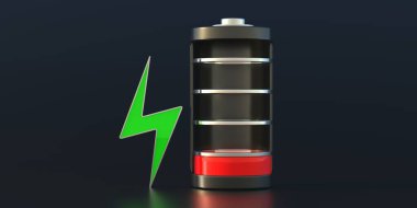 Pil boşaltımı, elektrik enerjisi kaynağı konsepti, cep telefonu uygulama sembolü. Kırmızı renk, düşük seviye göstergesi ve yeşil, siyah arka planda şarj oluyor. 3d illüstrasyon