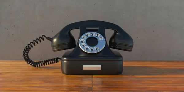 Retro Telefon Ahşap Ofis Masasında Eski Model Telefon Siyah Renkli — Stok fotoğraf