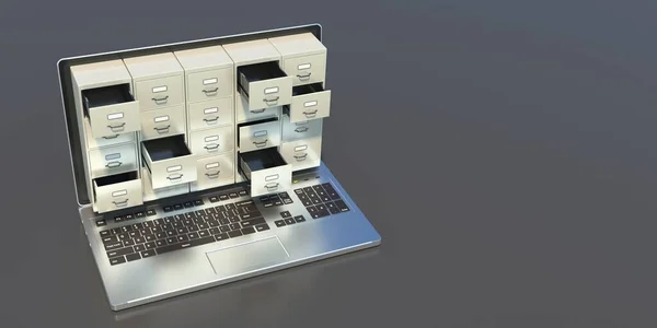 Filing archives cabinet on a laptop computer screen on an office desk. Digital records data storage and backup concept. 3d illustration