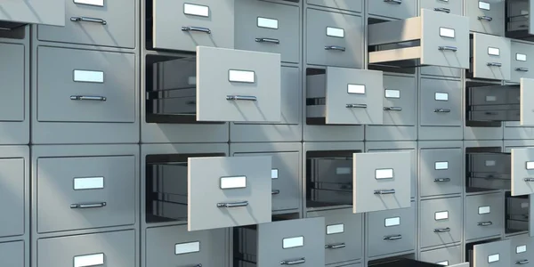 Data archive storage. Gray filing cabinets with open drawers background. Office document data, bureaucracy and business administration concept. 3d illustration