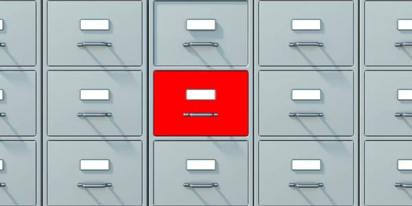 One filing drawer red color on gray color archive storage metal cabinets background. Office document data information, business administration concept. Closed file, blank labels. 3d illustration