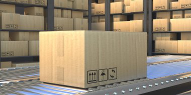 Taşıyıcı banttaki karton kutu. Endüstri deposu geçmişi, üretim, ambalaj ve işleme konsepti. Karton paket endüstrisi üretim hattı. 3d illüstrasyon