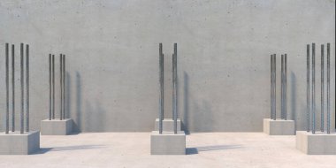 Güçlendirilmiş beton kolonlar yapım aşamasında. Çelik parmaklıklar, temel döşemeler, tamamlanmamış inşaat projesi. 3d illüstrasyon