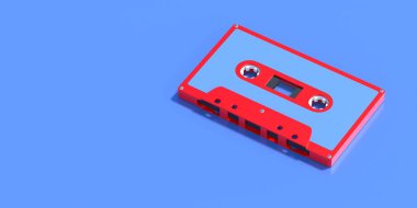 Parlak mavi arkaplanda boş etiket etiketi olan kırmızı ses kaseti, eski moda parti müziği, seksenlerin şarkıları. 3d illüstrasyon