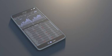 Stock exchange market analysis, monitoring app mobile phone screen. Trade platform, forex trading. Binary option, candlestick chart. Business finance, currency online information, 3d illustration