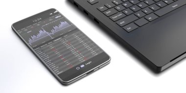 Trade platform, forex trading. Stock exchange market analysis, monitoring app for electronic devices. Binary option, candlestick chart. Business finance, currency online information, 3d illustration