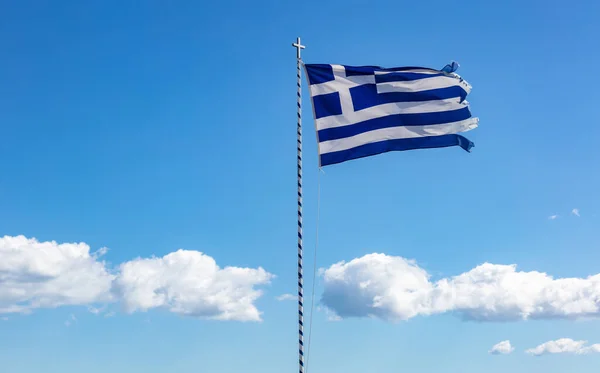 Greece Sign Symbol Greek Flag Flagpole Waving Wind Clear Blue — Stock Photo, Image