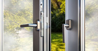Alüminyum pencere açık. Metal, PVC kapı çerçevesi yakın çekim görüntüsü. Enerji tasarrufu, güvenlik profili, gaarden dış plan 
