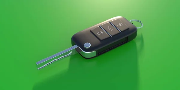 Car key. Auto remote control, flip key isolated on green color background. Vehicle engine start, doors and trunk opening and closing. 3d illustration.