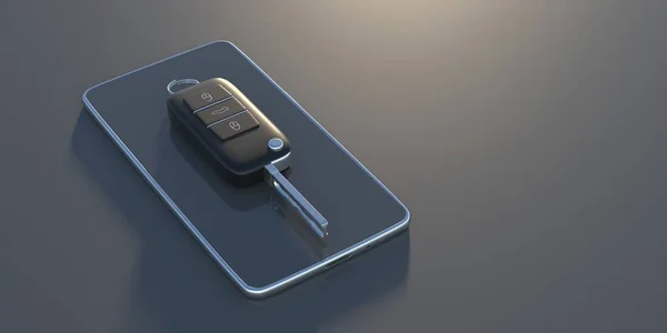 Κλειδί Αυτοκινήτου Αυτόματο Τηλεχειριστήριο Κουμπί Κινητό Τηλέφωνο Μαύρο Φόντο Εκκίνηση — Φωτογραφία Αρχείου