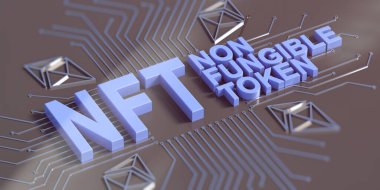 Koyu soyut teknoloji arka planı üzerine NFT Fonu Fonu Olmayan Mavi Metin. Kriptografik sembol, engelleme zinciri, kripto sanat konsepti. 3d illüstrasyon