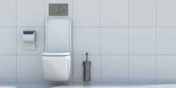 トイレトイレトイレ トイレのインテリアスペースのデザインテンプレート トイレのボウル タイル張りの壁や床を開いたぶら下がっている 現代的な現実的なトイレ トイレブラシとフラッシュボタン 浴室のモックアップ 3Dイラスト — ストック写真