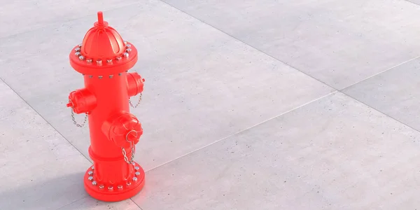 Fire hydrant red color on concrete floor background. Firefighting system, outdoors fire protection urban utility. Copy space, template. 3d, illustration,