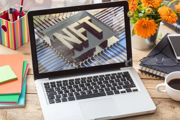 Nft Non Fungible Token Blue Text Computer Laptop Screen Office — Stock Photo, Image