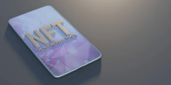 Nft Fundible Token Μπλε Κείμενο Στην Οθόνη Του Κινητού Τηλεφώνου — Φωτογραφία Αρχείου