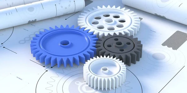Plastic gears, rotating mechanism concept on blueprint plan background, banner, close up top view. Mechanical engineering, teamwork design, cogwheels on technical isometric drawing. 3d illustration