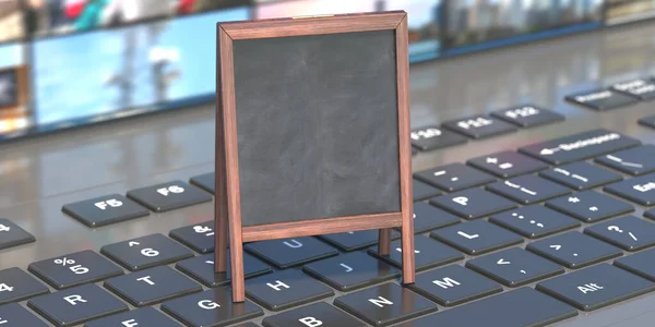 ラップトップコンピュータ上のメニューボードの空のブランク レストラン広告 スペース テンプレートの木製フレームの黒板 3Dイラスト — ストック写真