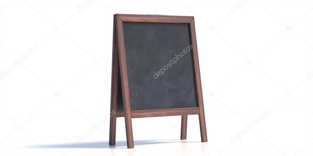 Menu board empty blank street sandwich stand, sidewalk black sign isolated on white background. Wooden frame chalkboard for restaurant advertisement, announcement, space, template. 3d illustration