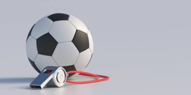 Hakem düdüğü ve futbol topu beyaz arka planda izole edildi. Geleneksel futbol oyunu deri top, klasik top, beyaz renk ve Koç metal, kırmızı ipli aksesuar. 3d illüstrasyon