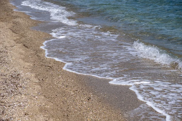 Sandy Beach Empty Soft Waves Rolling Shore Sand Pebbles Sea — Stock Photo, Image