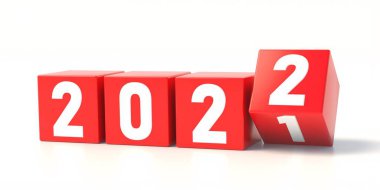 2022 yeni yıla hoş geldin, hoşça kal 2021, yıl değişimi konsepti. Hayattaki değişimler, tebrik kartları. Beyaz arka planda izole edilmiş kırmızı küpleri var. Son küp birden ikiye dönüyor. 3d illüstrasyon