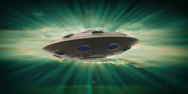 Science Fiction, UFO allien concept. Unidentified Flying Object isolated on green sky background, Extraterrestrial spaceship with beams of light, mystery flying plate. 3d illustration