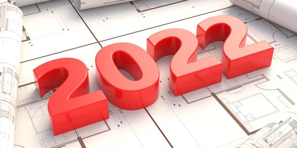 Γραφείο Αρχιτέκτονα Μηχανικού 2022 Νέο Έτος Κόκκινο Αριθμό Στο Σχέδιο — Φωτογραφία Αρχείου