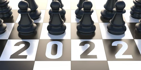 2022年 国际象棋新年 2022号和黑色国际象棋设置在黑白棋盘背景 高角镜 3D说明 — 图库照片