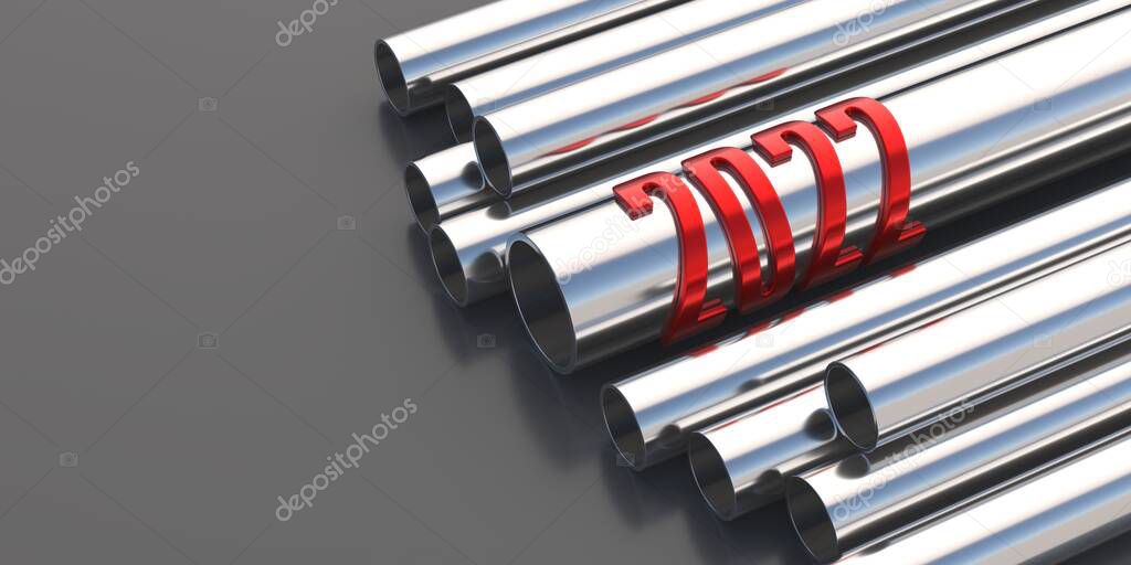 2022 new year, red number on steel metal pipes tubes, black background. Utilities, construction industry card template. 3d illustration