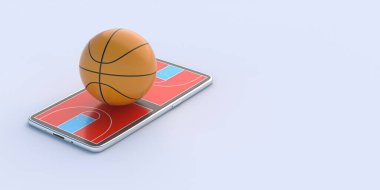 Basketbol bahis uygulaması konsepti. Basket sahası ve top açık mavi arka planda izole edilmiş cep telefonunda. Çevrimiçi izleme sporları, akıllı telefon dijital reklam şablonu. 3d illüstrasyon