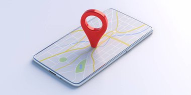 Navigasyon, GPS cep telefonu uygulama kavramı. Harita işaretleyici konumu beyaz arkaplanda izole edilmiş bir akıllı telefonun kırmızı renk iğnesi. 3d illüstrasyon