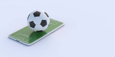 Futbol futbolu dijital cep telefonu uygulaması. Beyaz arka planda izole edilmiş akıllı telefondaki top, reklam şablonu konsepti. Teknoloji çevrimiçi maç izliyor, oynuyor. 3d illüstrasyon