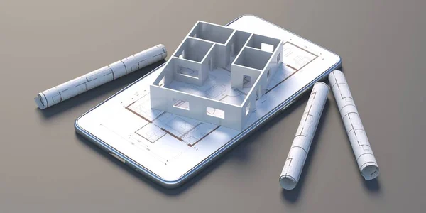 Proyecto Construcción Arquitecto Ingeniero Concepto Teléfono Móvil Smartphone Modelo Casa —  Fotos de Stock