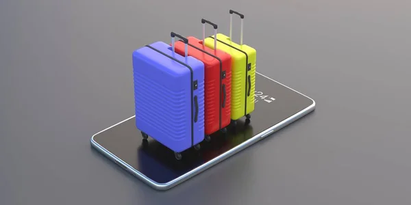 Online Κράτηση Ταξιδιού Έννοια Τρεις Βαλίτσες Αποσκευών Smartphone Που Απομονώνονται — Φωτογραφία Αρχείου