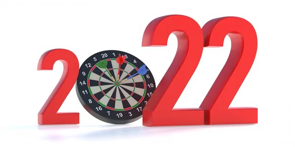 2022年新年目標と解決コンセプト 白い背景に隔離されたブルズアイ上の赤い数字3つのダーツ ダートボードは ショットセンタービジネス変更戦略勝利をターゲットにしています 3Dイラスト — ストック写真